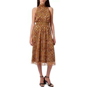 Sam Edelman High Neck Midi Smocked Paisley Patterned Dress Gold Brown 8